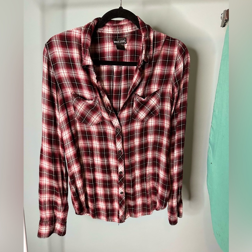 Wet Seal Red Plaid Button Down Flannel Shirt Medium